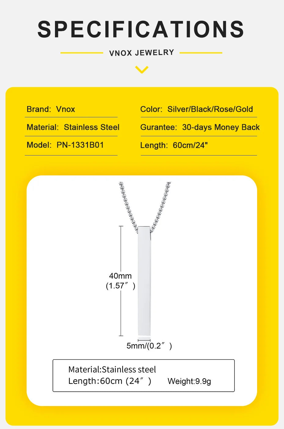 3D Vertical Bar Layered Necklace - Stainless Steel Geometric Pendant