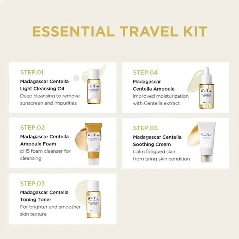 SKIN1004 Madagascar Centella Travel Kit - Toner, Ampoule, Soothing Cream, Cleansing Oil, Ampoule Foam, Basic Skincare Mini 5pcs