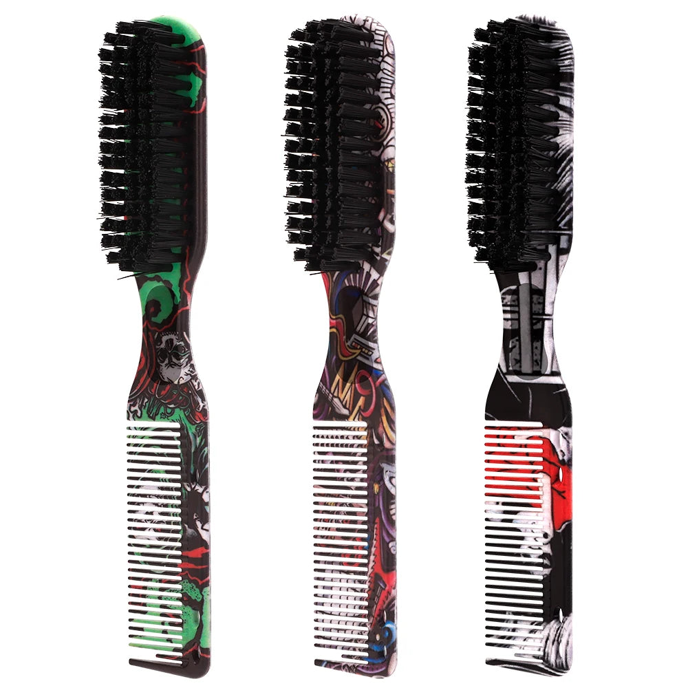 Double-sided Beard Comb - Printed Pattern Styling Brush Professional Shave Barber Broken Hair Remove Comb For Men