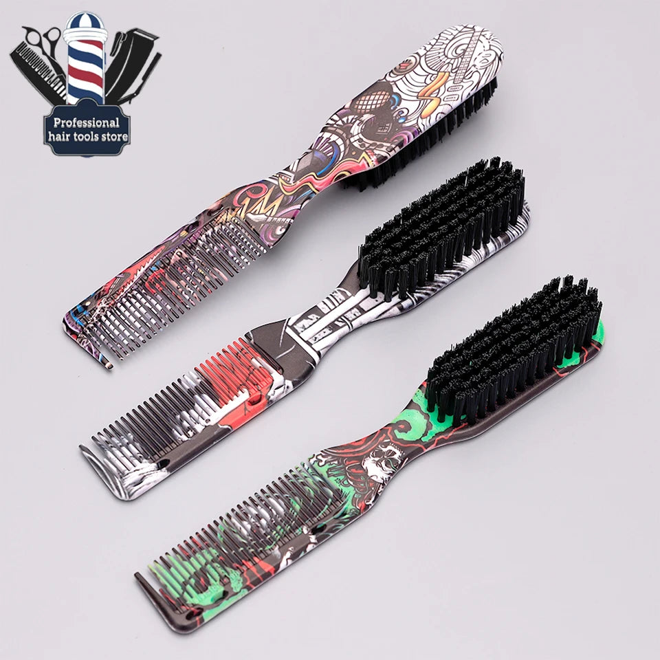 Double-sided Beard Comb - Printed Pattern Styling Brush Professional Shave Barber Broken Hair Remove Comb For Men