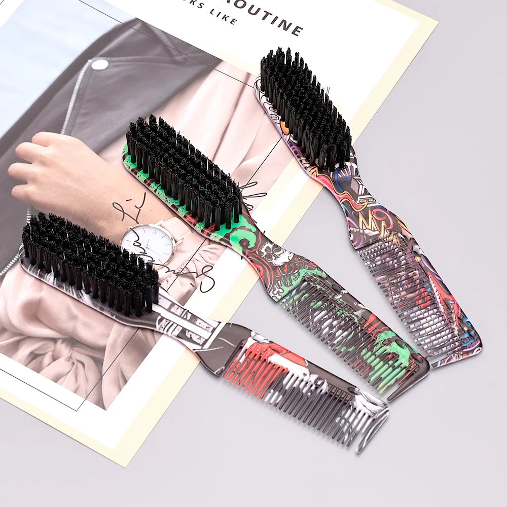 Double-sided Beard Comb - Printed Pattern Styling Brush Professional Shave Barber Broken Hair Remove Comb For Men