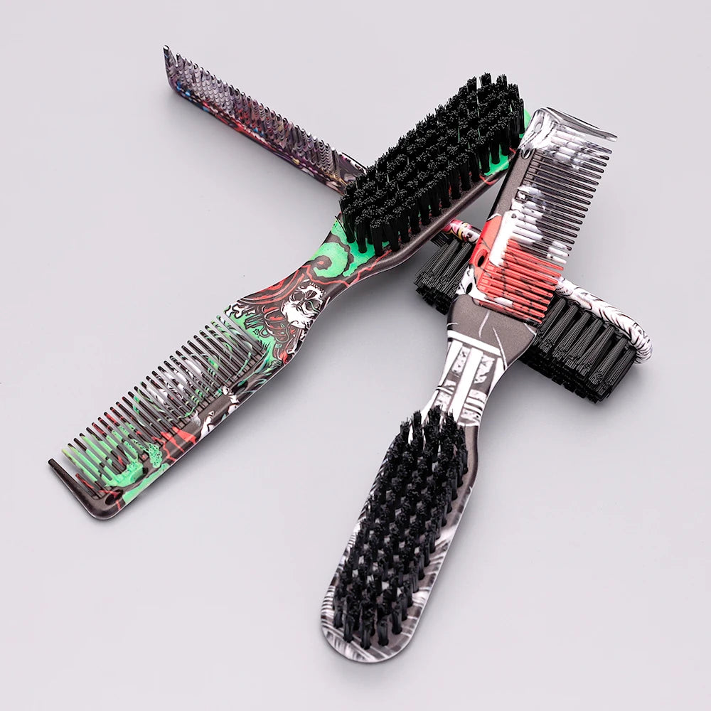 Double-sided Beard Comb - Printed Pattern Styling Brush Professional Shave Barber Broken Hair Remove Comb For Men